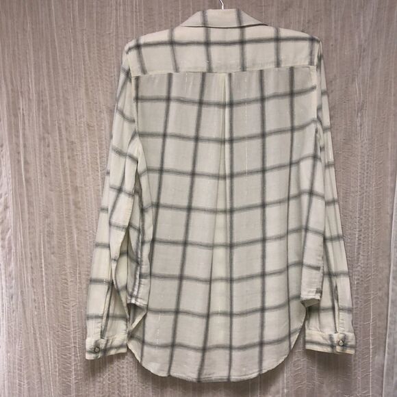 CK Jeans L Cotton White Gray Lurex Plaid Long Sleeve Snap Front Relaxed Shirt - Picture 2 of 15